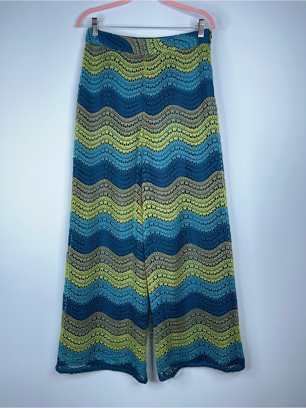 Trina Turk Sutherland Wide Leg Pants Chevron Wave Crochet Wide Leg Blue Green